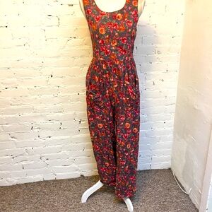 Vintage Laura Ashley cotton sleeveless jumpsuit gray red floral size small